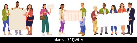 Diverse group of people holds blank signs together Stock Vector