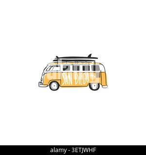 Continuous line drawing of graphic abstract summer travel bus line drawing silhouette for vacation design and tourism .Minimalist art style. Doodle Stock Vector