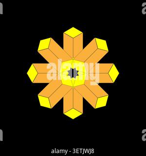 Symmetrical starburst graphic. Isometric column construction. Luminous vector centerpiece. Futuristic geometric ornament. Stock Vector