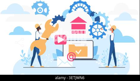 Workers repair cloud service system with gears, upload icon, laptop, email and wrench, showing maintenance, storage, support, digital infrastructure isolated on white background vector illustration Stock Vector