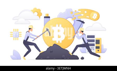 Two workers mine a large bitcoin coin with pickaxes beside cloud, chip, battery and solar elements, showing digital currency production isolated on white background vector illustration Stock Vector