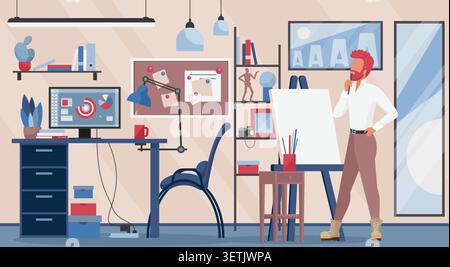 Male graphic designer stands in a modern studio beside blank canvas, desk computer and art tools, planning a creative project in workspace isolated on white background vector illustration Stock Vector