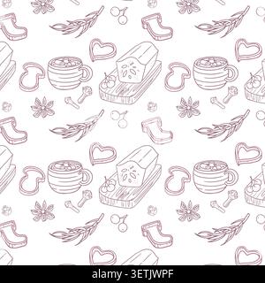 Christmas seamless pattern with hot chocolate mug and stollen cake on white background. Line art vector illustration of winter holiday baking elements Stock Vector