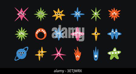 Flat vector cute cosmic star characters. Colorful monster faces, playful multi-eye expressions and bold flat vector shapes. Stock Vector