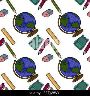Seamless vector pattern of school supplies, including globes, pencils, erasers, rulers, pens, and backpacks, on a white background. Stock Vector