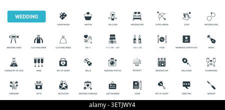 Wedding themed symbols for ceremony planning, romance, vows, rings, cake, gifts and celebration details used in bridal and marriage event designs black solid icons set vector illustration Stock Vector