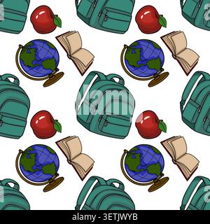 Seamless vector pattern of school supplies, including a teal backpack, a red apple, an open book, and a globe. Stock Vector