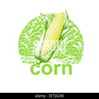 Corn and cornfield object. Label logo. Hand drawn. Not AI, vector illustration. Stock Vector