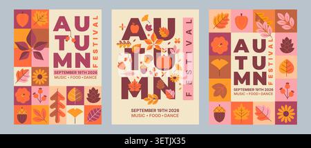Set of geometric flyers for autumn festival. Template design for harvest festival or Thanksgiving day. Fall themed covers. Template for design,print,flyers,social media,web,ads. Vector illustration. Stock Vector
