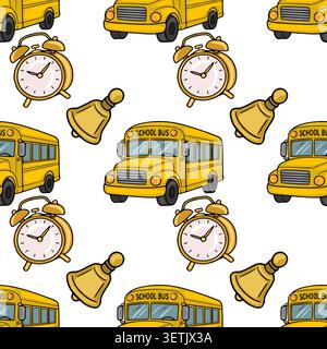 Seamless vector pattern of yellow school buses, alarm clocks, and bells on a white background, perfect for educational themes. Stock Vector
