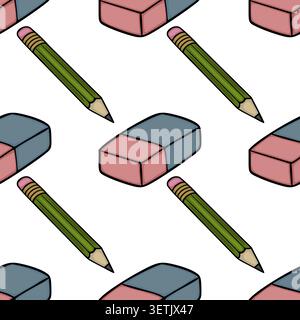 Seamless vector pattern of green pencils and pink and blue erasers on a white background, perfect for school or office supplies. Stock Vector