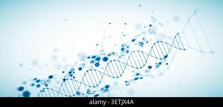 Abstract medical background with blue DNA helix structure and technology hexagons. Vector illustration Stock Vector