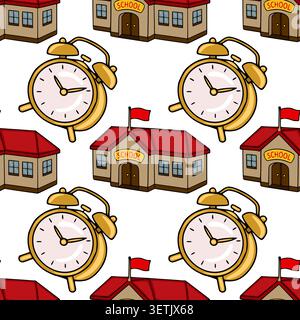 Seamless vector pattern of cartoon school buildings and golden alarm clocks on a white background Stock Vector