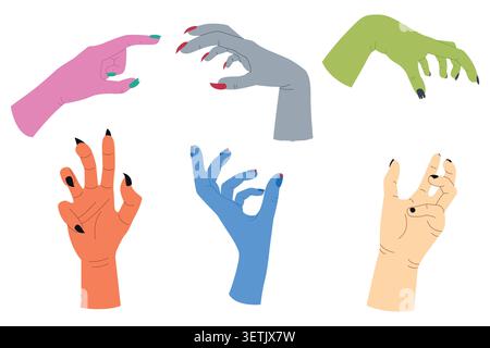 Collection of monster hands. Spooky design. Vector illustration isolated on a white background. Stock Vector
