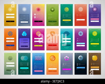 App Interface. Creative vector mobile login templates with bright screen designs signup forms and clean UI elements recent set Stock Vector