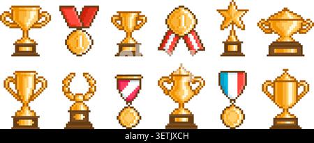 Pixel medals. Arcade game 8 bit style assets. Winner trophies, medal, goblet, order. Isolated retro computer play icons. Gold awards for leader Stock Vector
