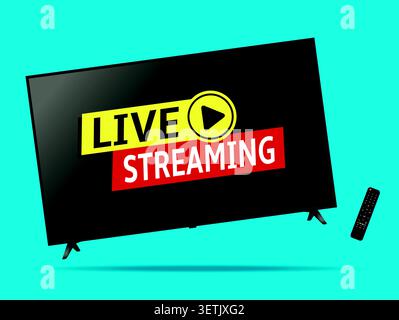 Live streaming smart tv levitation on blue background with remote control. Vector illustration. Stock Vector