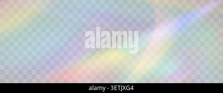 Blurred rainbow refraction overlay effect. Light lens prism effect on transparent background. Holographic reflection, crystal flare leak shadow Stock Vector