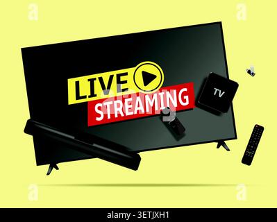 Live streaming smart tv, remote control, soundbar, tv set-top box and flash drive levitation in the air. Vector illustration. Stock Vector