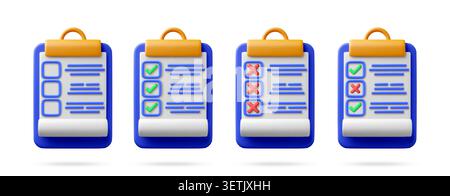 3d clipboards with checklist and survey icons. Stock Vector