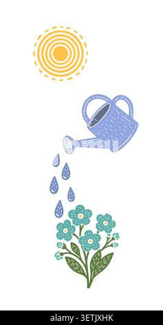 Object: watering can and flower . Hand drawn. Not AI, vector illustration. Stock Vector