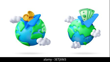 3d globe icons with currency and paper plane. Stock Vector