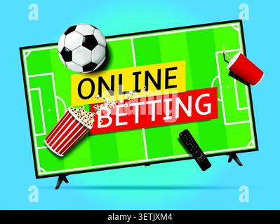 Online betting banner on smart television screen. Levitation smart tv, remote control, popcorn, soda cup and soccer ball. Vector illustration. Stock Vector