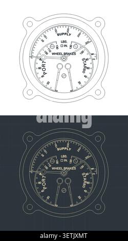 Aircraft wheel brakes pressure gauge blueprints, stylized vector illustrations Stock Vector