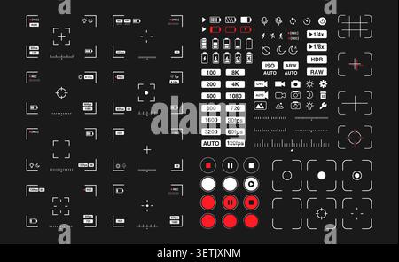 Camera interface. Photo and video viewfinder screen. Mobile phone UI UX video elements, digital display, frame, battery, button icon. Smartphone web t Stock Vector