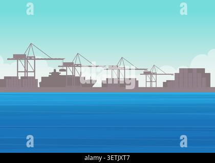 Silhouette of a maritime shipping dock featuring heavy lifting cranes and stacked freight containers by the sea. Stock Vector