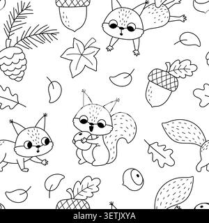 Squirrels black and white seamless pattern for kids. Vector woodland line repeat background with forest animals, acorns, nuts, leaves, cones. Cute dig Stock Vector