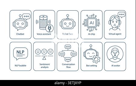 Virtual agents, natural language processing, sentiment analysis, machine learning bots, and customer support automation symbols. Stock Vector