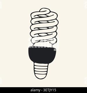 Hand drawn vector illustration of a wide spiral compact fluorescent lamp CFL bulb. Simple black and white doodle of an energy saving light for idea Stock Vector