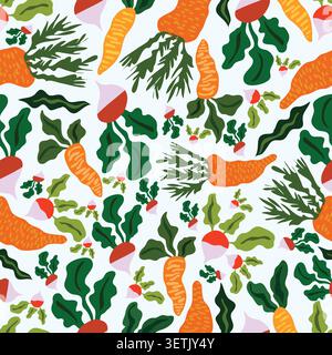 This is a vibrant and organic seamless pattern featuring a dense arrangement of orange and yellow carrots alongside earthy red radishes. Stock Vector