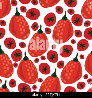 This is a charming and playful seamless pattern featuring stylized red tomatoes and chilies on a clean white background. Stock Vector