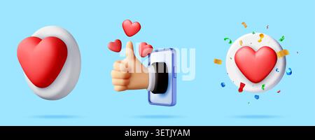 3d set of heart icon, hand showing thumb up Stock Vector