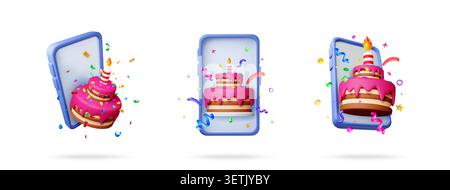 3D set of birthday cake on smartphone screen. Stock Vector