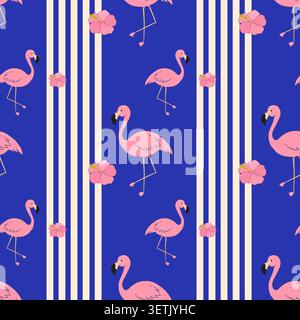 Flamingo summer seamless pattern. Beach vector design with pink flamingos and hibiscus flowers, vertical white lines on blue modern background Stock Vector