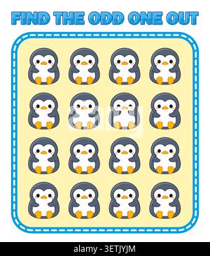 Find the odd one out educational worksheet with colorful penguins, printable visual puzzle game for preschool learning and kids activities. Vector ill Stock Vector