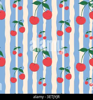 Retro Cherries Seamless Pattern. Doodle fruit vector pattern. Hand drawn summer red cherry design on blue and cream striped background for textile Stock Vector