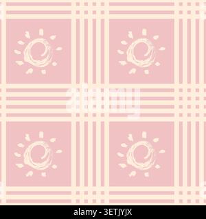 Cream plaid seamless pattern with grunge brush stroke sun symbols on pink retro background for textile, fabric, wallpaper design. Vector illustration Stock Vector