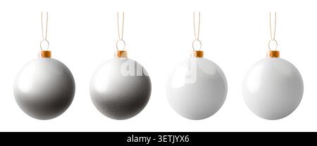 Christmas ball ornament, 3d decorations silver bauble. Bulb xmas toy isolated on white bg. Light decor hang on golden ribbon. Glass glossy foil new Stock Vector