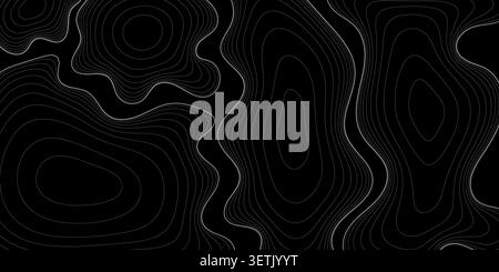 Abstract topographic map background with white contour lines on a dark grey surface, representing terrain elevation or data visualization patterns Stock Vector