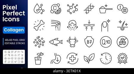 Collagen line icons set. Hyaluronic acid molecule, vitamin C, skin care, elasticity, knee joint, beauty flat minimal vector illustration. Simple Stock Vector