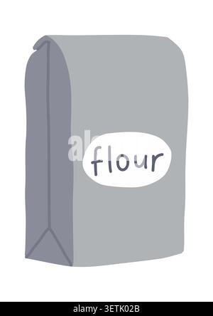 Minimal flat vector illustration of a flour bag with simple handwritten label, perfect for baking themes, kitchen designs, grocery branding, and cozy Stock Vector