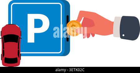 A flat vector illustration of a person paying for vehicle parking by inserting a currency coin into a blue meter. Stock Vector