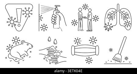 Hantavirus black line icon set, editable stroke vector signs. Outline monochrome isolated symbols. Various linear warning pictograms Stock Vector