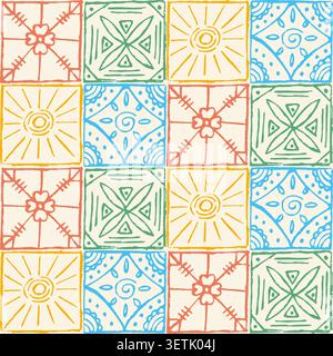 Colorful Amalfi style tile seamless pattern. Color retro square abstract background. Coastal stylized Italian majolica. Mediterranean aesthetic euro s Stock Vector