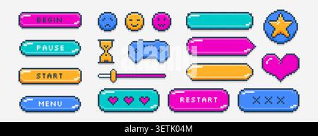 Pixel art ui buttons, gaming controller, heart, slider bar and emoticon faces in 8bit retro style. Video game symbols, text box frames, interface menu icons vector set. Colorful pixelated arcade items Stock Vector