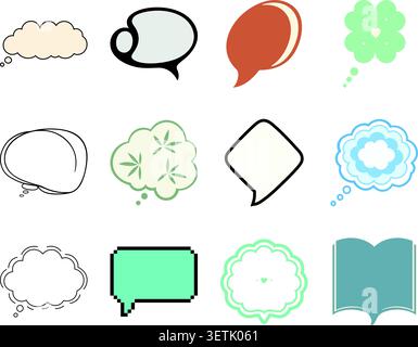 A flat illustration set featuring various speech bubbles and thought bubbles in different shapes, colors, and styles, including cloud bubbles, comic d Stock Vector